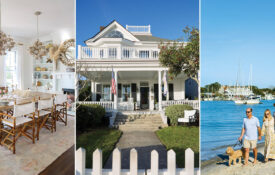 The dining room and exterior of the author's house. The author and her family walk on the beach