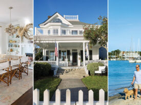 The dining room and exterior of the author's house. The author and her family walk on the beach