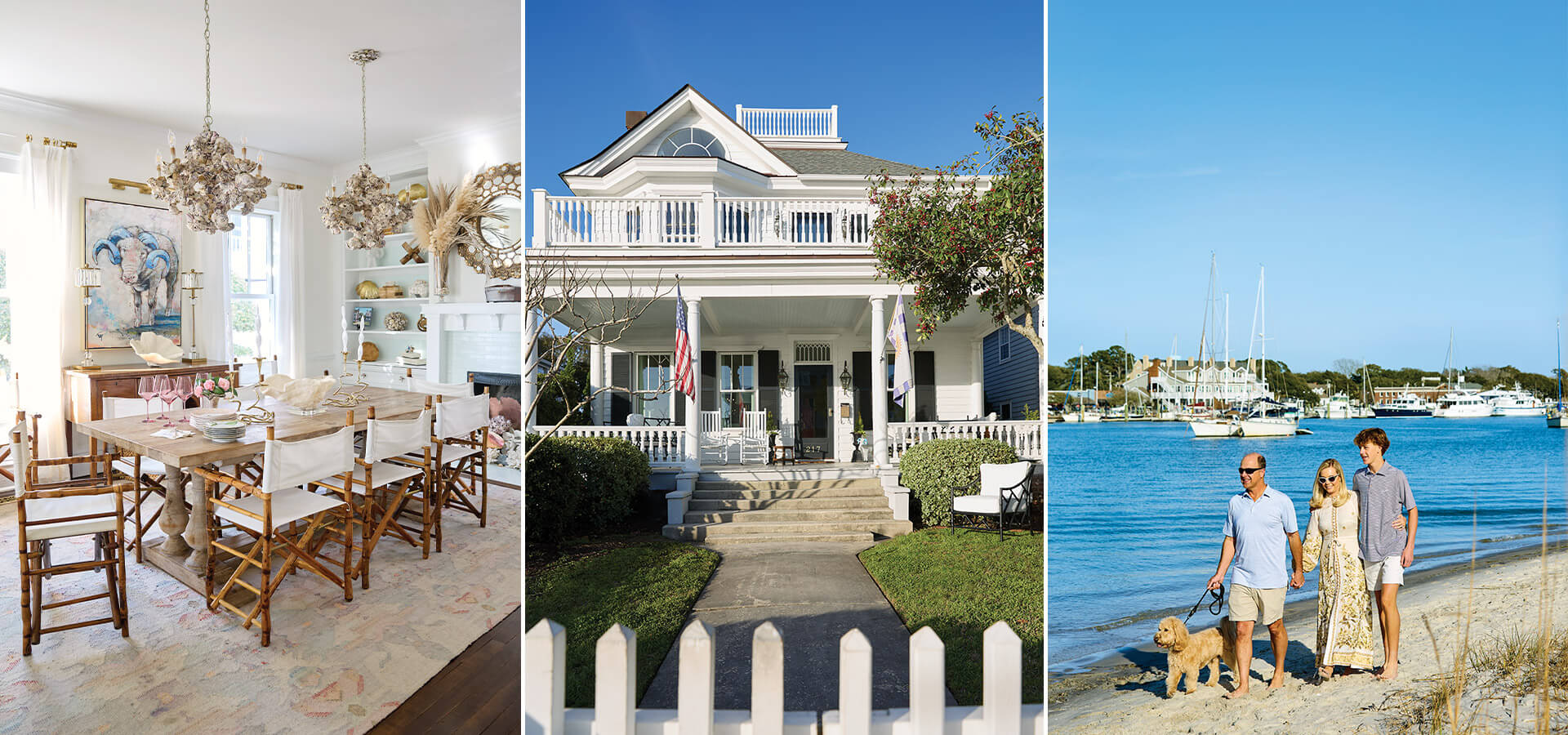 The dining room and exterior of the author's house. The author and her family walk on the beach