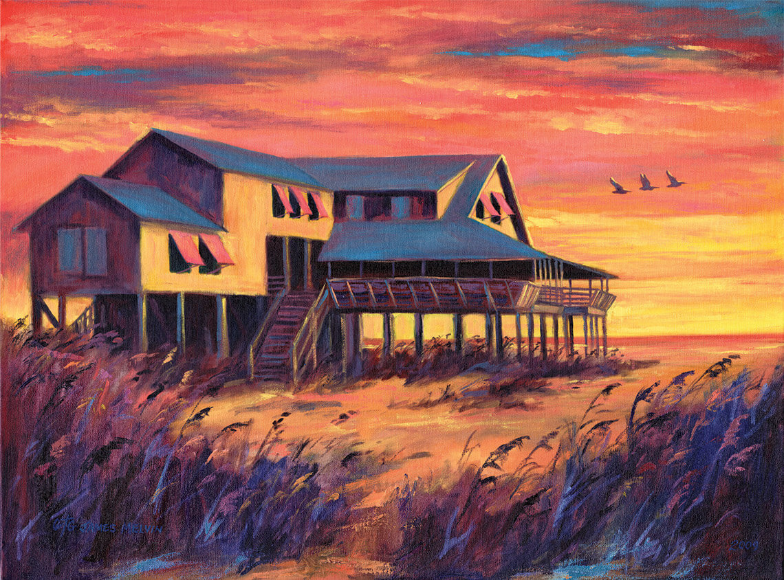 James Melvin's painting: Three Pelicans Cottage