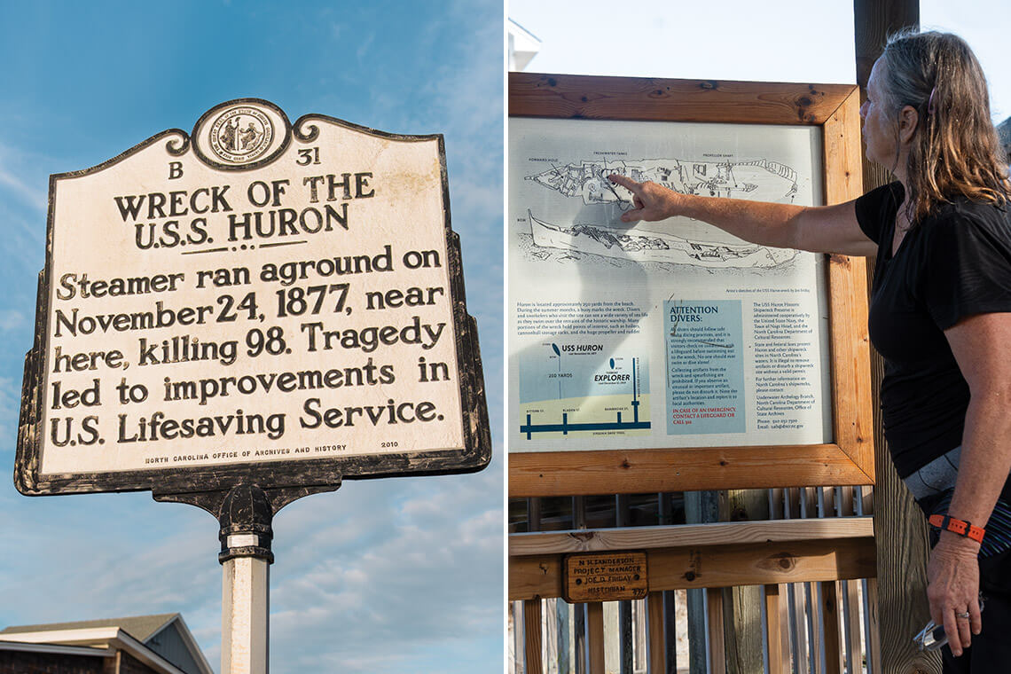 Pam Landrum and the signage for the Wreck of the USS Huron site