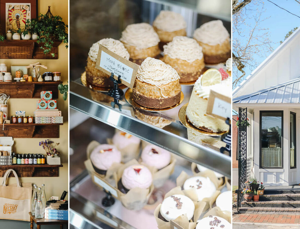 Shelves of goods at The Nectary, pastry case, and the Nectary exterior