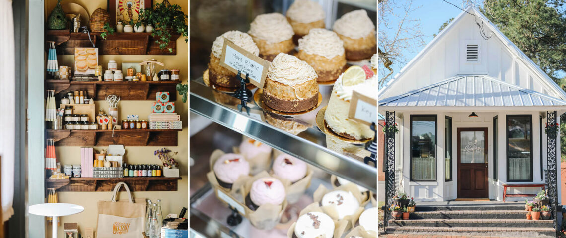 Shelves of goods at The Nectary, pastry case, and the Nectary exterior
