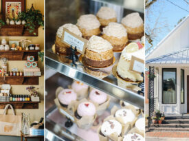 Shelves of goods at The Nectary, pastry case, and the Nectary exterior
