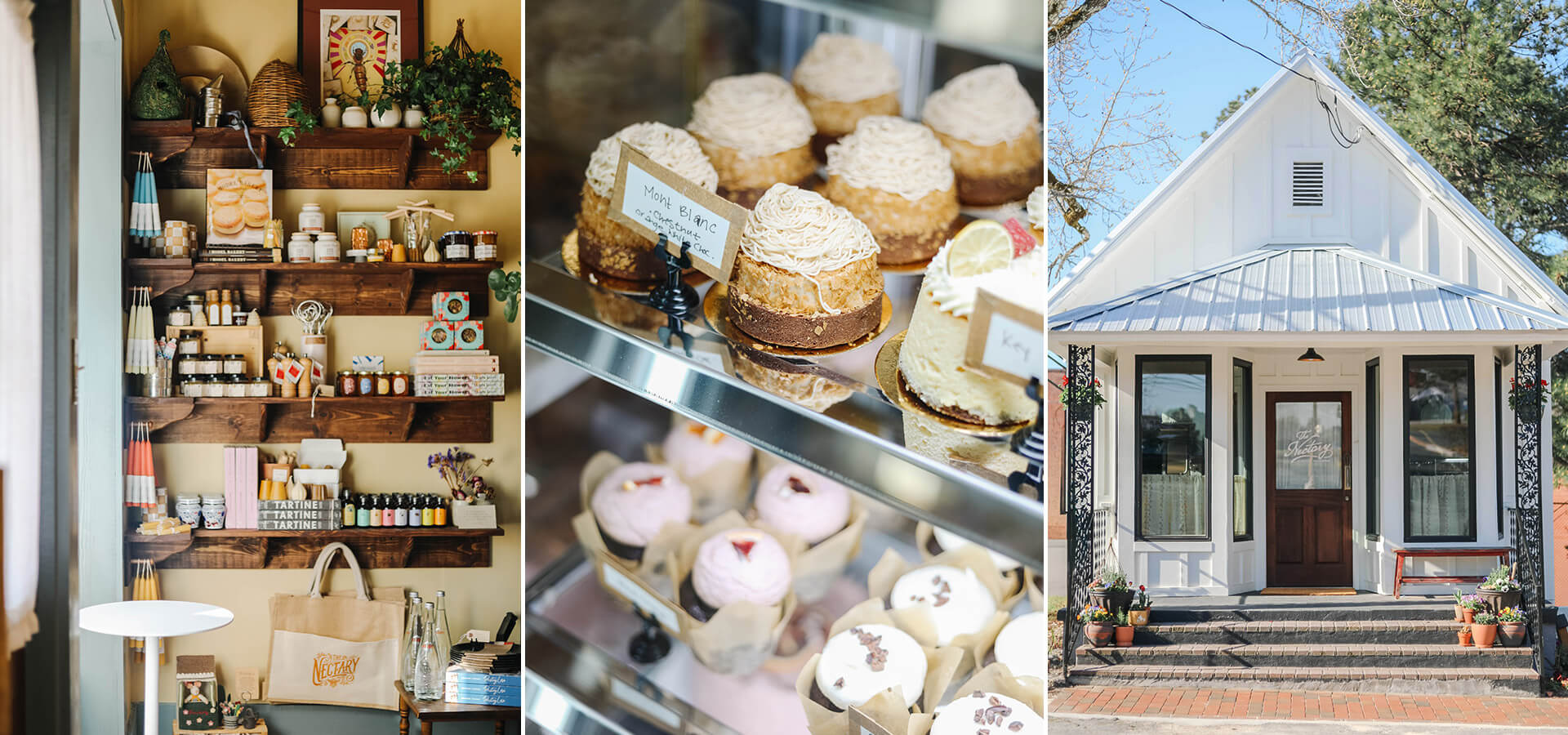 Shelves of goods at The Nectary, pastry case, and the Nectary exterior