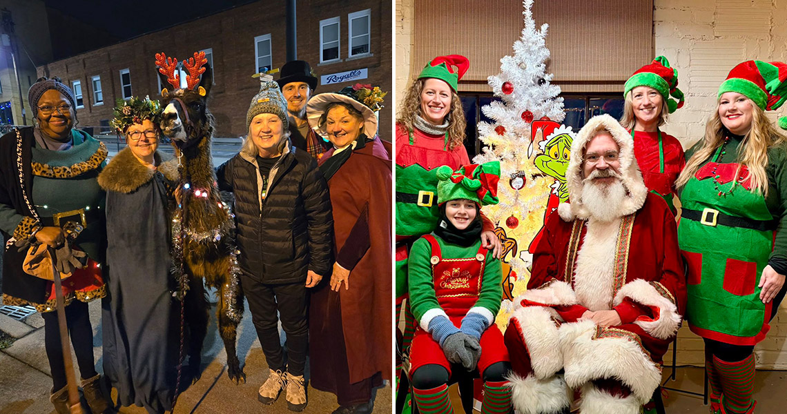 Carolers and elves with Santa at Light Up Elkin