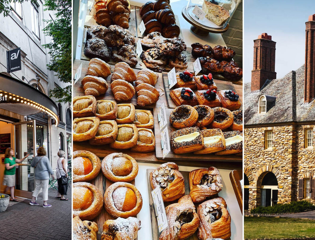 Collage with the exterior of A/perture Cinema, Bobby Boy Bakehouse, and Graylyn Estate