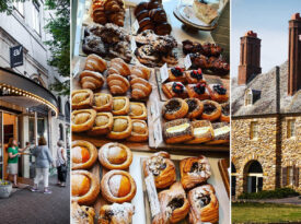 Collage with the exterior of A/perture Cinema, Bobby Boy Bakehouse, and Graylyn Estate