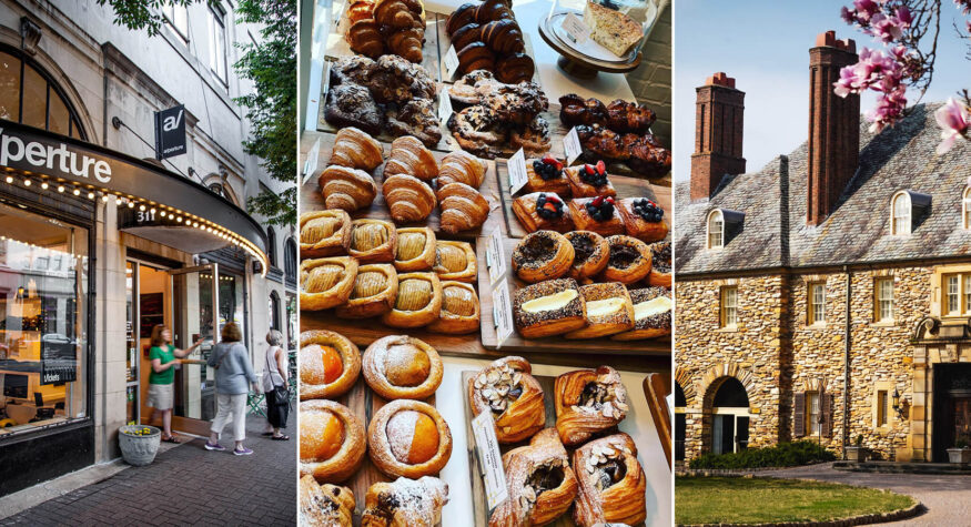 Collage with the exterior of A/perture Cinema, Bobby Boy Bakehouse, and Graylyn Estate