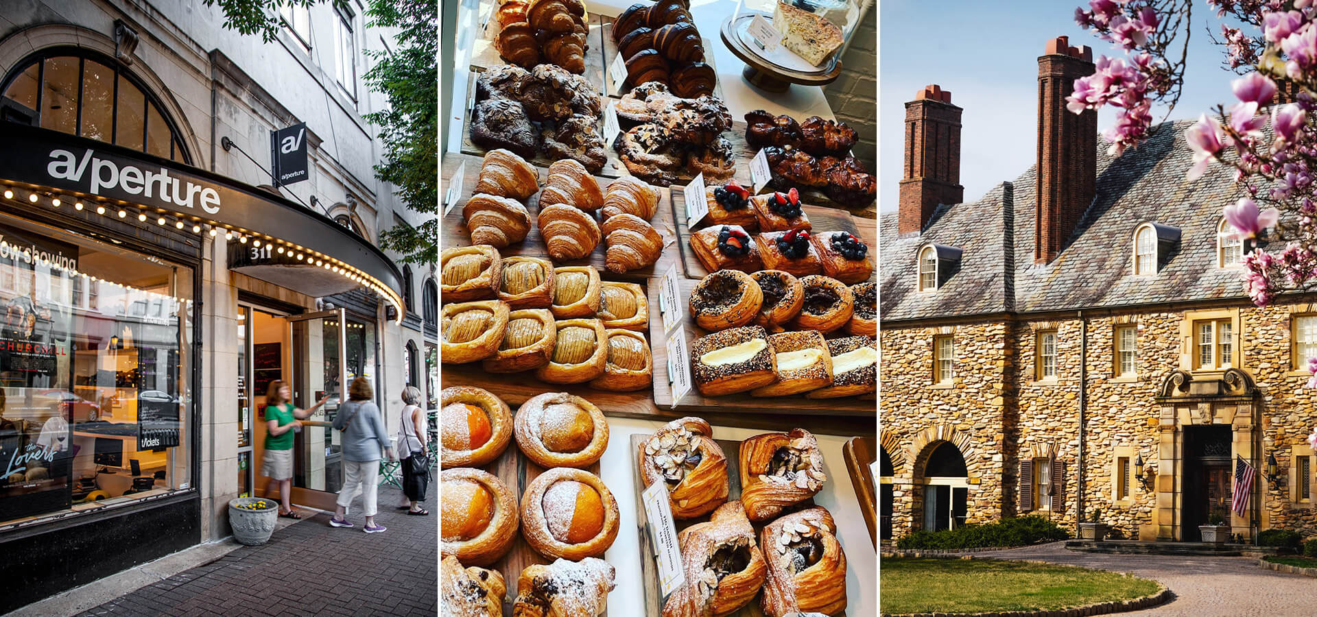 Collage with the exterior of A/perture Cinema, Bobby Boy Bakehouse, and Graylyn Estate