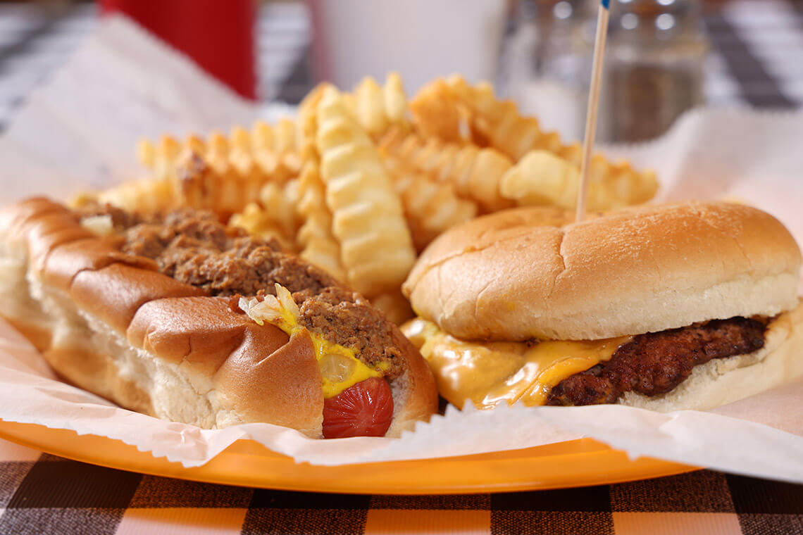 Hot dog and cheeseburger and fries from Dick's Hot Dog Stand in Wilson