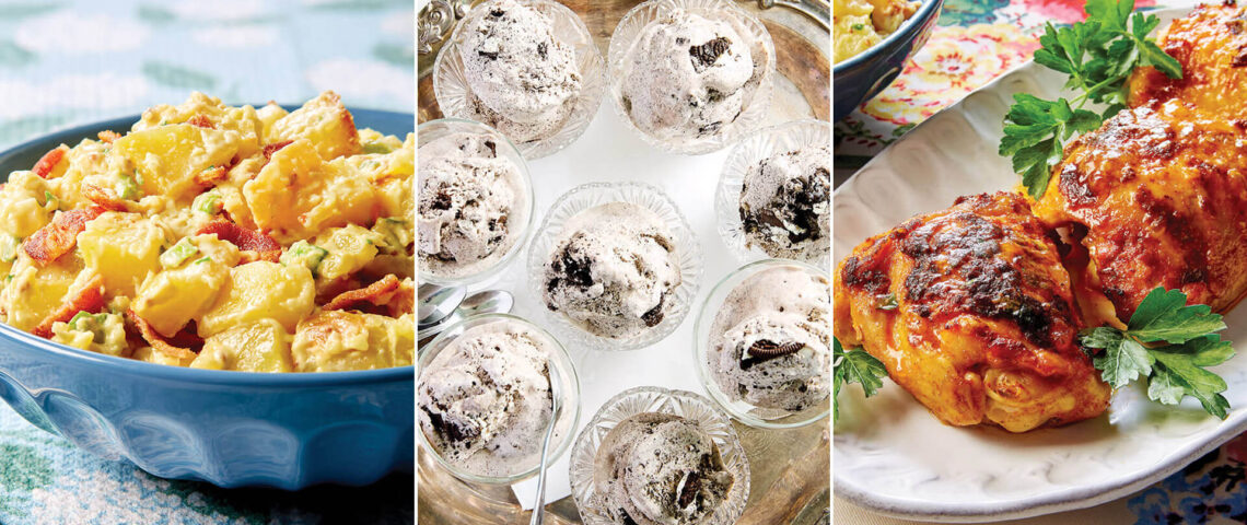 Hot potato salad, oreo pudding cups, chicken thighs
