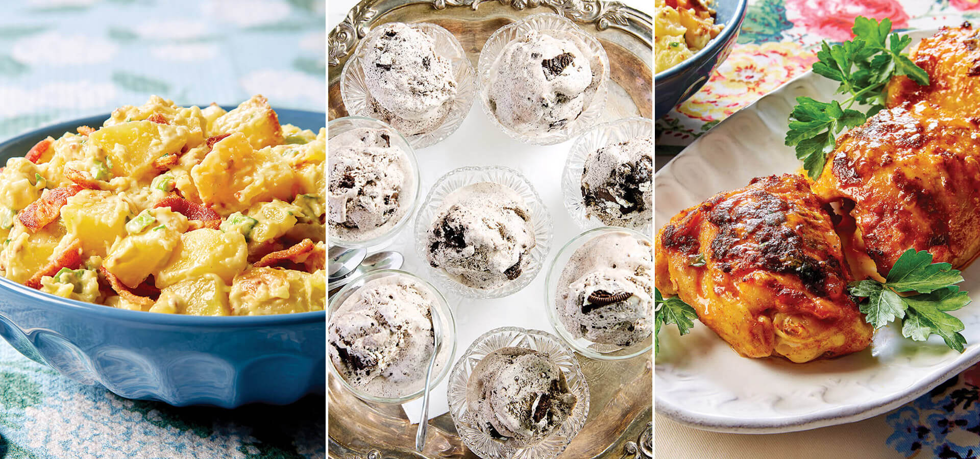 Hot potato salad, oreo pudding cups, chicken thighs
