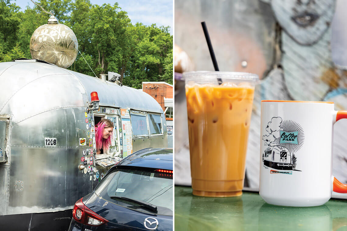 Exterior of Coffee Park Airstream. Latte and mug of coffee