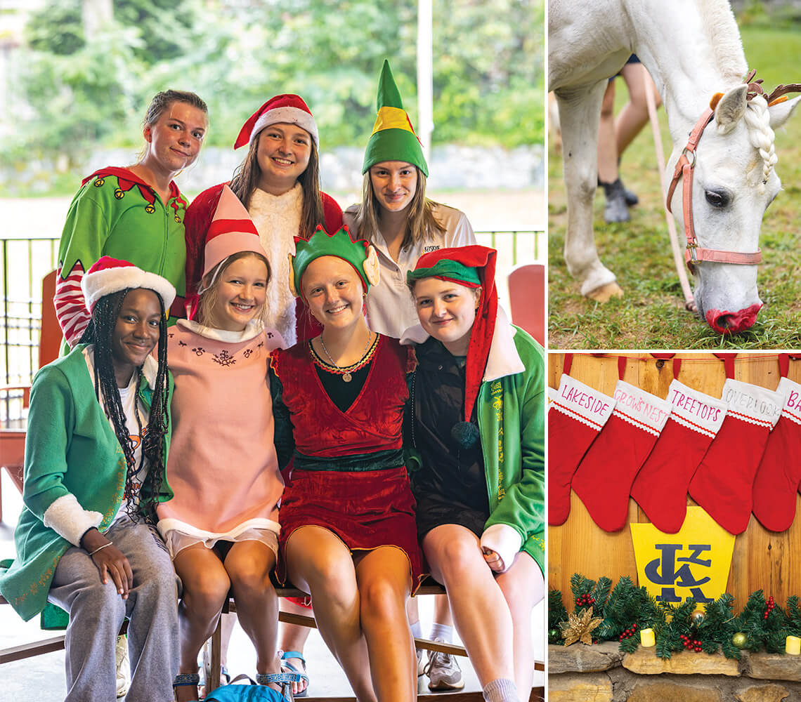 Campers dressed as Christmas elves, a horse with a red nose, and stockings