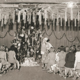 Dining hall at Camp Keystone decorated for Christmas in July