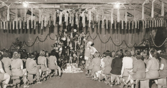 Dining hall at Camp Keystone decorated for Christmas in July