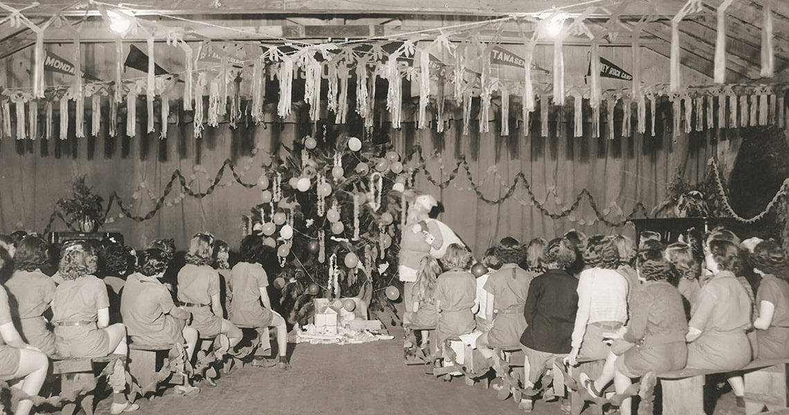Dining hall at Camp Keystone decorated for Christmas in July