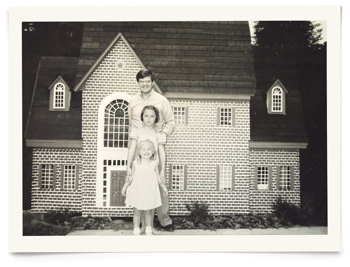 Alice and Mary-Knox Zealy and their late dad in front of their childhood playhouse