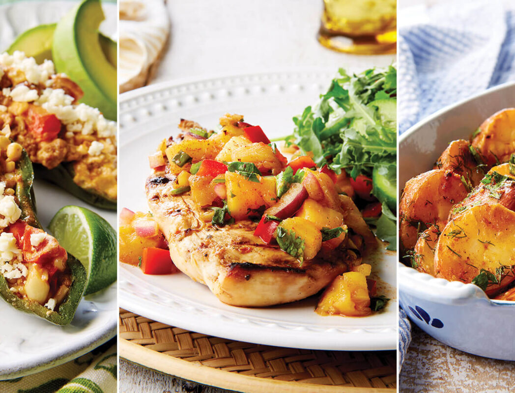 Stuffed poblano peppers, pineapple salsa, and fire-roasted potatoes