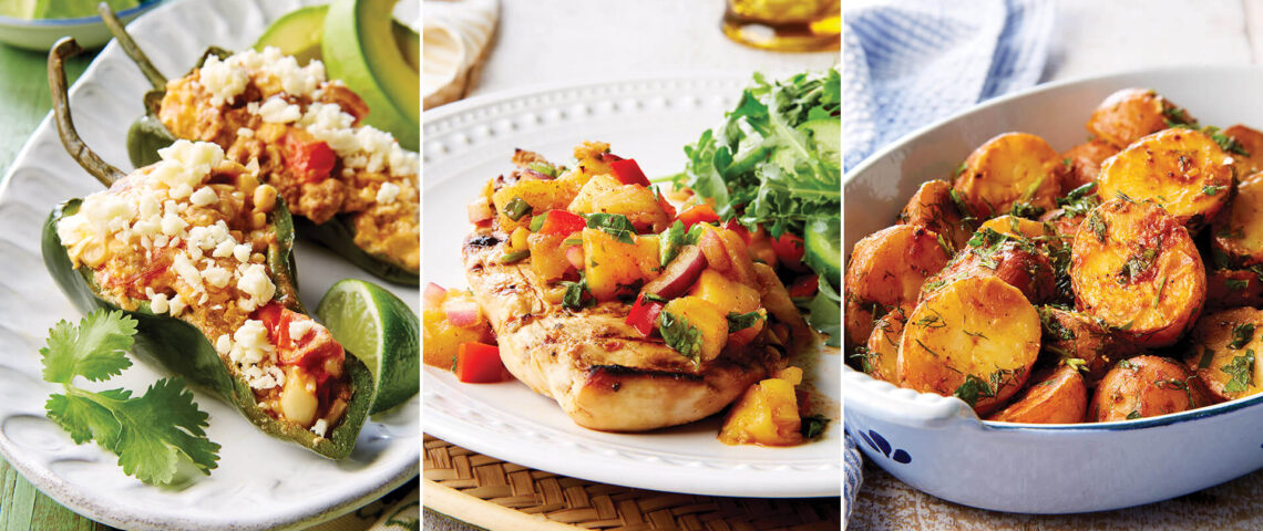 Stuffed poblano peppers, pineapple salsa, and fire-roasted potatoes