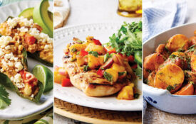 Stuffed poblano peppers, pineapple salsa, and fire-roasted potatoes