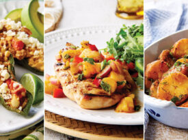 Stuffed poblano peppers, pineapple salsa, and fire-roasted potatoes