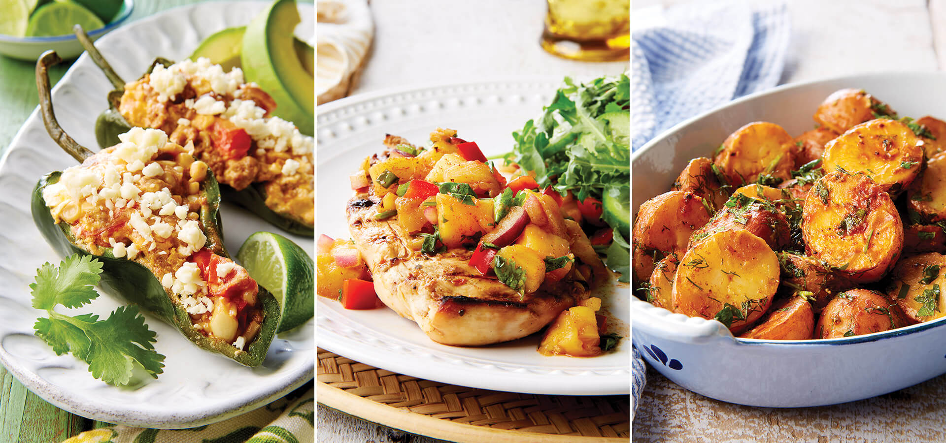 Stuffed poblano peppers, pineapple salsa, and fire-roasted potatoes
