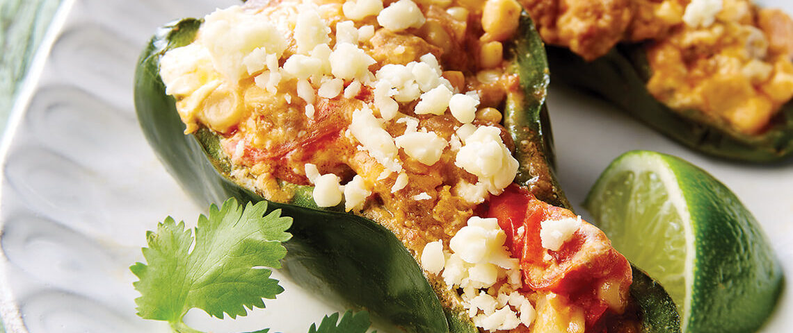 Grilled, stuffed poblano peppers