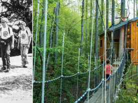 1960s photo of campers at Camp Windy Wood and restored treehouse cabin at Cold Spring Basecamp
