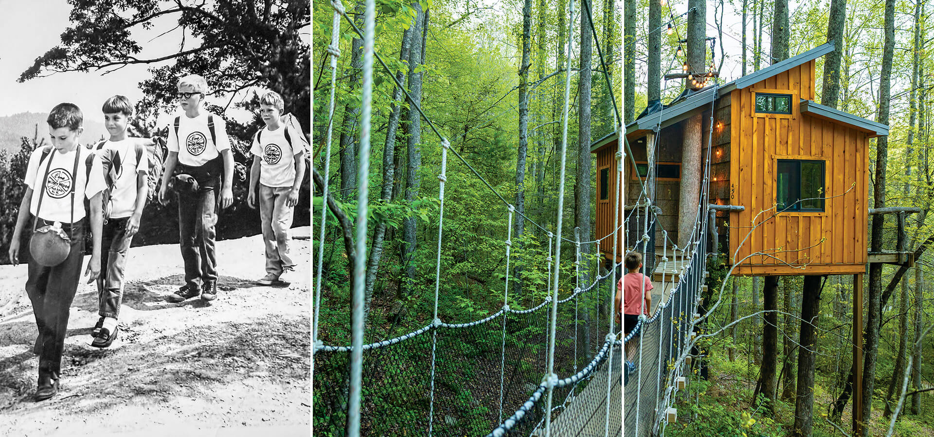1960s photo of campers at Camp Windy Wood and restored treehouse cabin at Cold Spring Basecamp