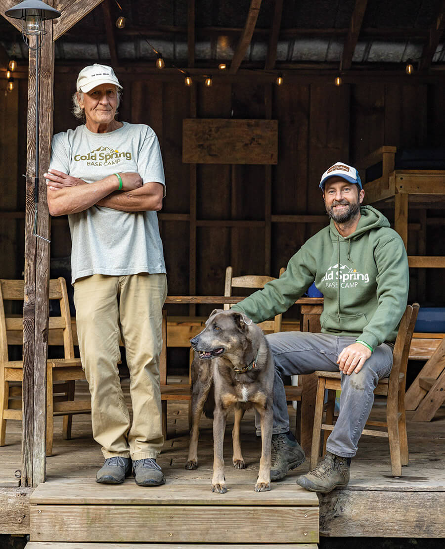 Steve Waggoner, Hartwell Carson, and Hawk the dog at Cold Spring Basecamp