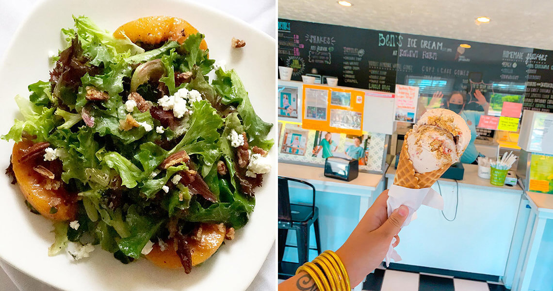 Salad at Ironwood and ice cream cone at Ben's Ice Cream
