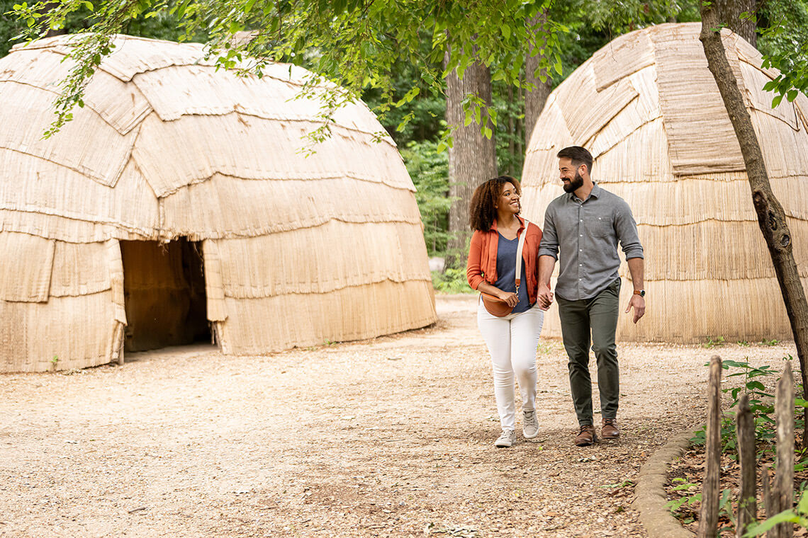Couple explores Paspahegh Town at Jamestown Settlement