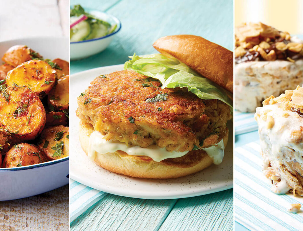 Smoky grilled potatoes, crab cakes, and peanut butter ice cream cups