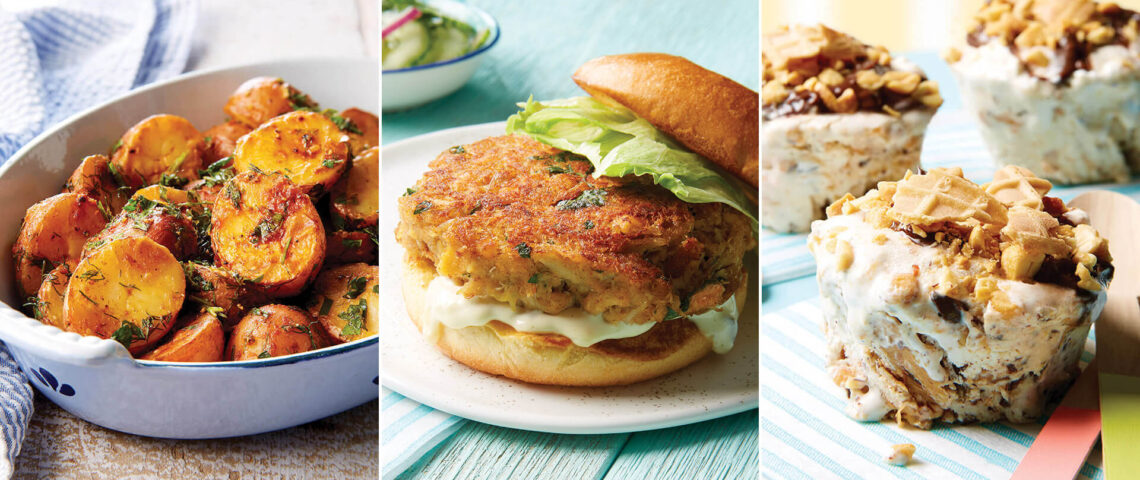 Smoky grilled potatoes, crab cakes, and peanut butter ice cream cups