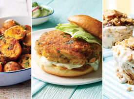 Smoky grilled potatoes, crab cakes, and peanut butter ice cream cups
