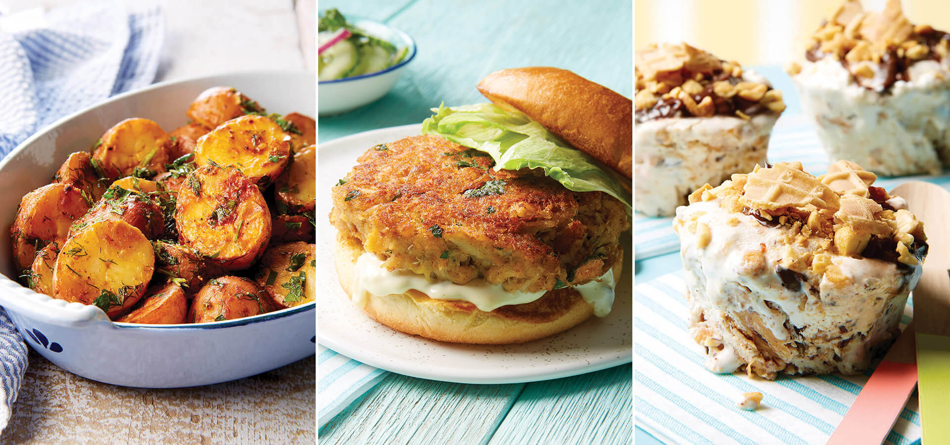 Smoky grilled potatoes, crab cakes, and peanut butter ice cream cups