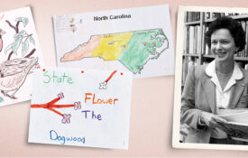 Hand-drawn pictures of a cardinal and state of North Carolina and black-and-white photo of Barbara Parramore