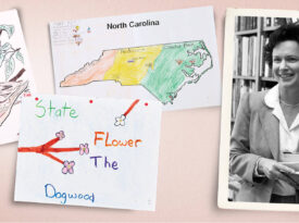 Hand-drawn pictures of a cardinal and state of North Carolina and black-and-white photo of Barbara Parramore