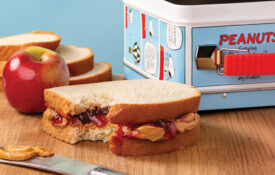 Peanut butter and jelly sandwich with a vintage lunch box
