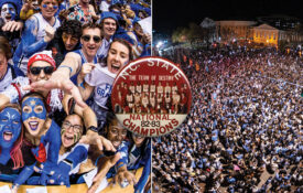 Duke students cheering and UNC Chapel Hill students flooding Franklin Street