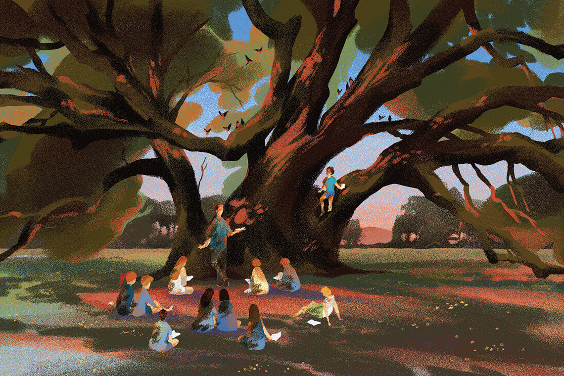 Illustration of children playing in a sprawling oak tree