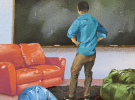 Illustration of a teacher looking at couch and beanbag chairs in his classroom