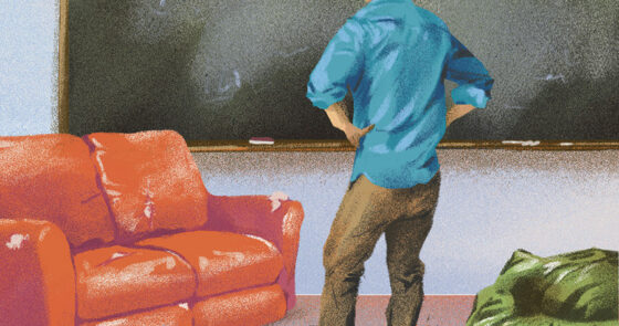Illustration of a teacher looking at couch and beanbag chairs in his classroom
