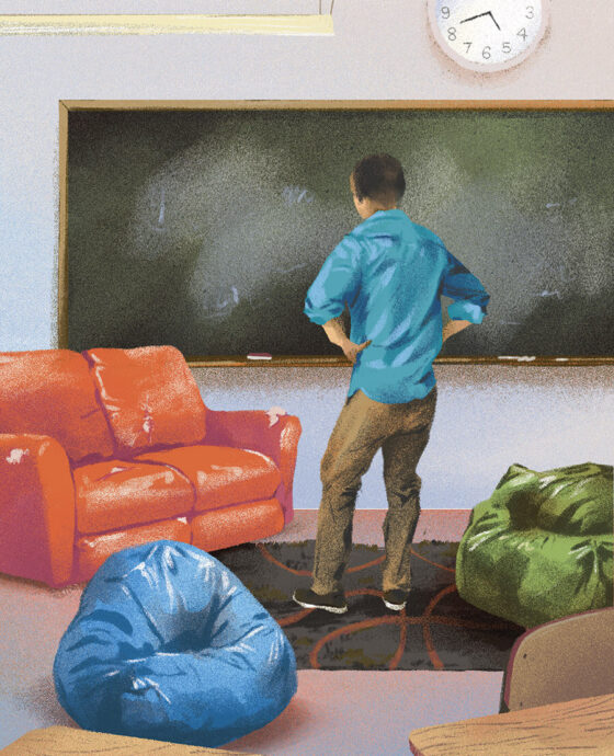 Illustration of a teacher looking at couch and beanbag chairs in his classroom