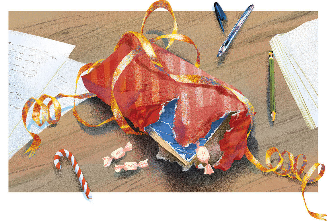 Illustration of unwrapped present on a teacher's desk