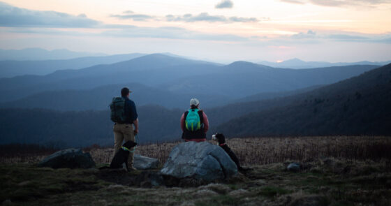 People look out at mountain views