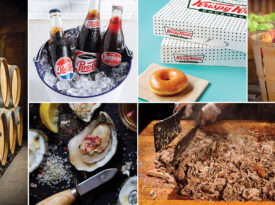 Wine barrels, bucket of soda bottles, Krispy Kreme doughnuts, apple bucket, barbecue chopping block, oysters.