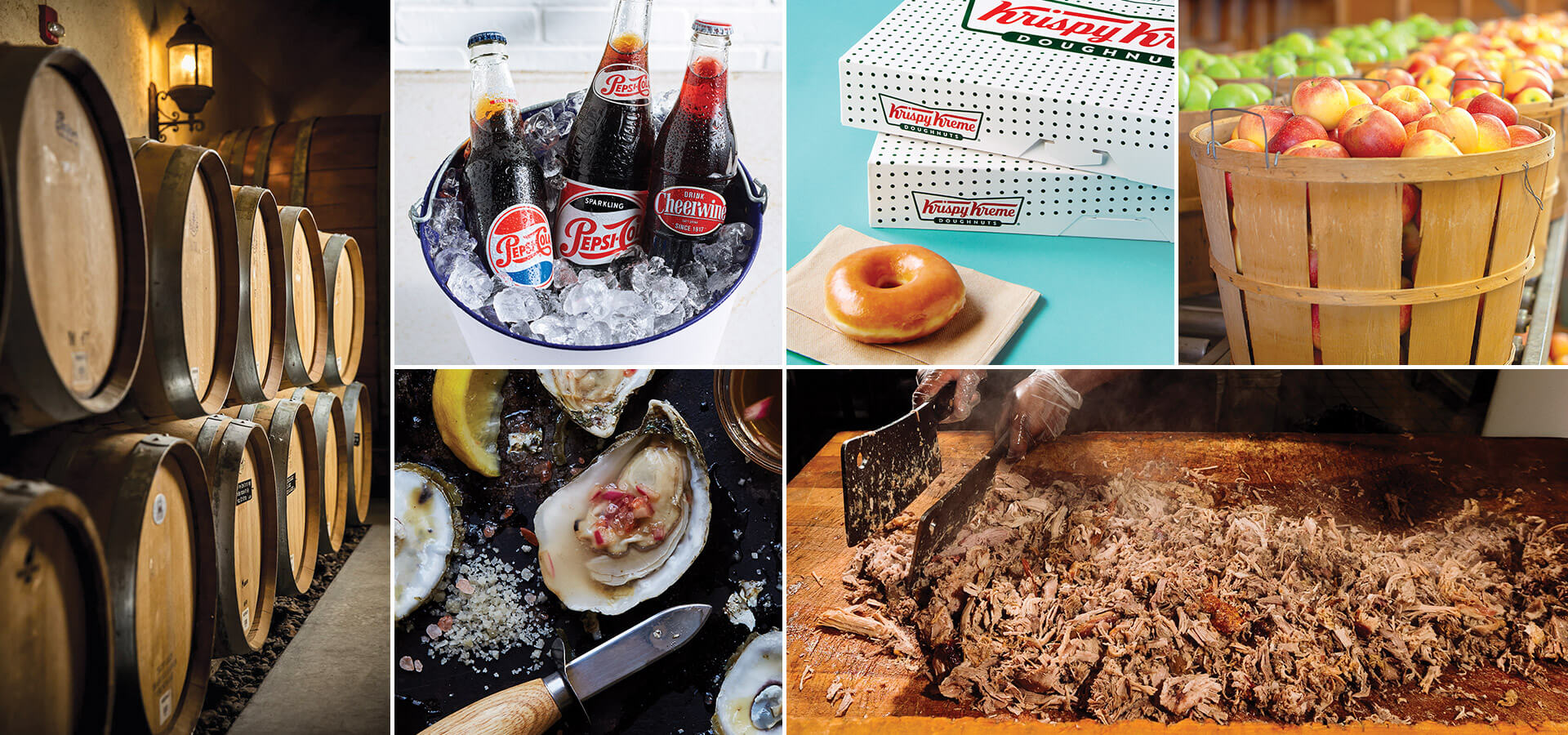 Wine barrels, bucket of soda bottles, Krispy Kreme doughnuts, apple bucket, barbecue chopping block, oysters.